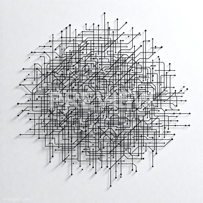 The image features a complex, abstract design resembling a circuit board or network of interconnected lines and nodes, arranged in a roughly circular pattern on a white background. The lines are predominantly black and vary in length and direction, creating a dense, intricate web that appears both organized and chaotic. Shadows cast by the lines add depth to the overall composition.